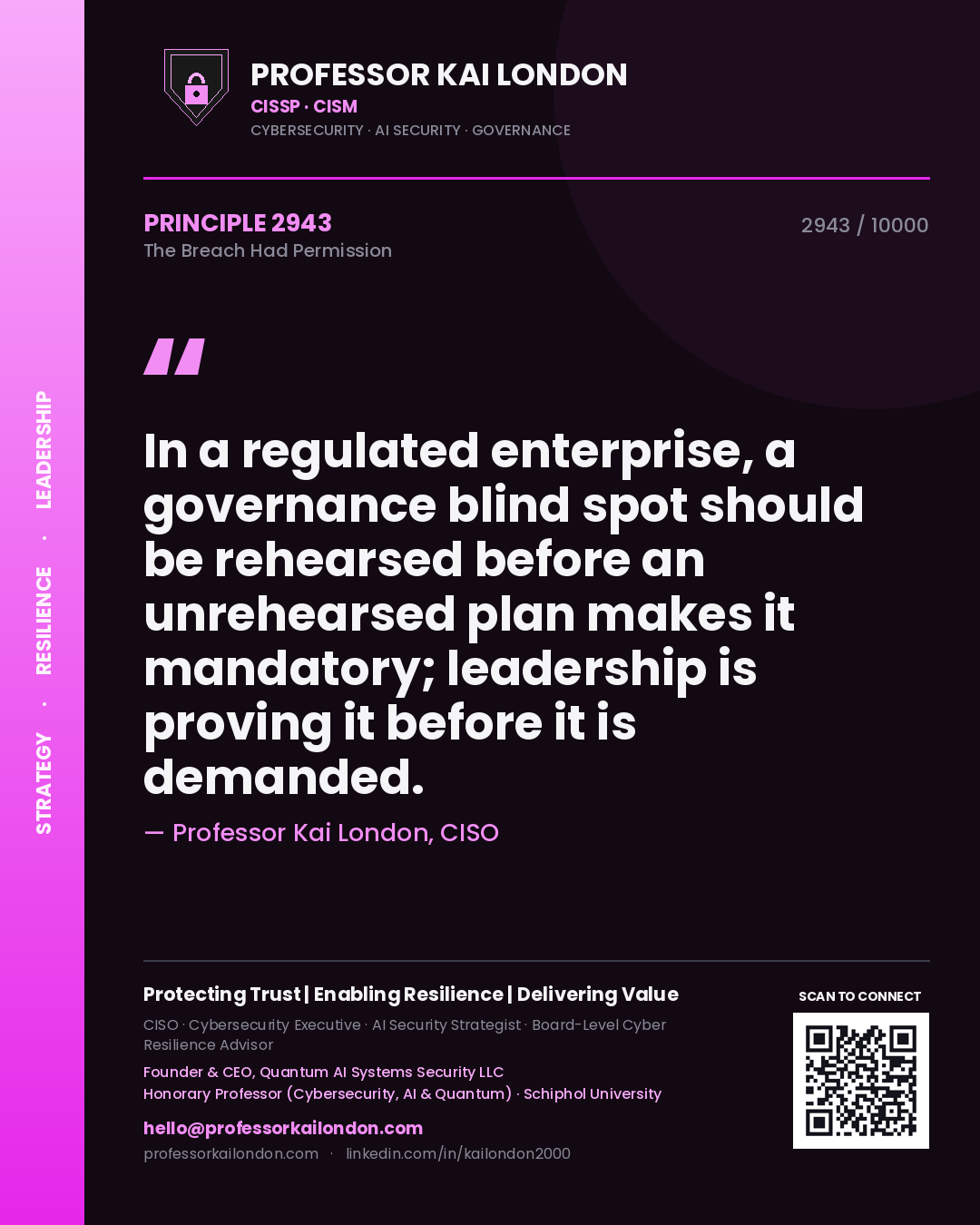 Professor Kai London principle 2943: In a regulated enterprise, a governance blind spot should be rehearsed before an unrehearsed plan makes it mandatory; leadership is proving it before it is demanded.