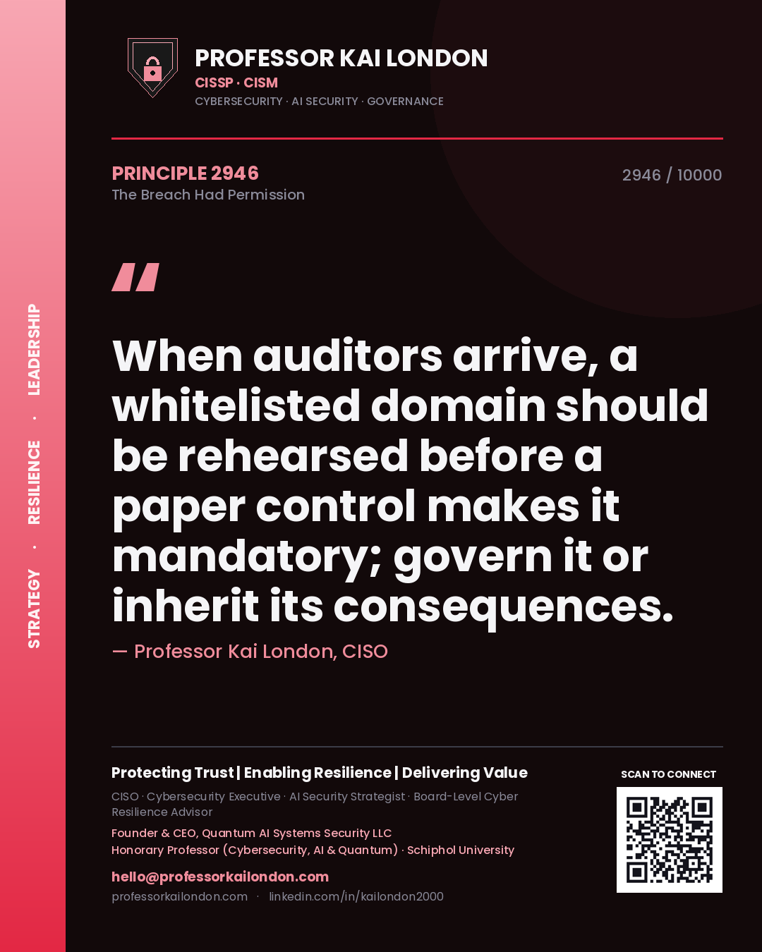 Quote card by Professor Kai London reading 'When auditors arrive, a whitelisted domain should be rehearsed before a paper control makes it mandatory; govern it or inherit its consequences.'. From the book The Breach Had Permission.