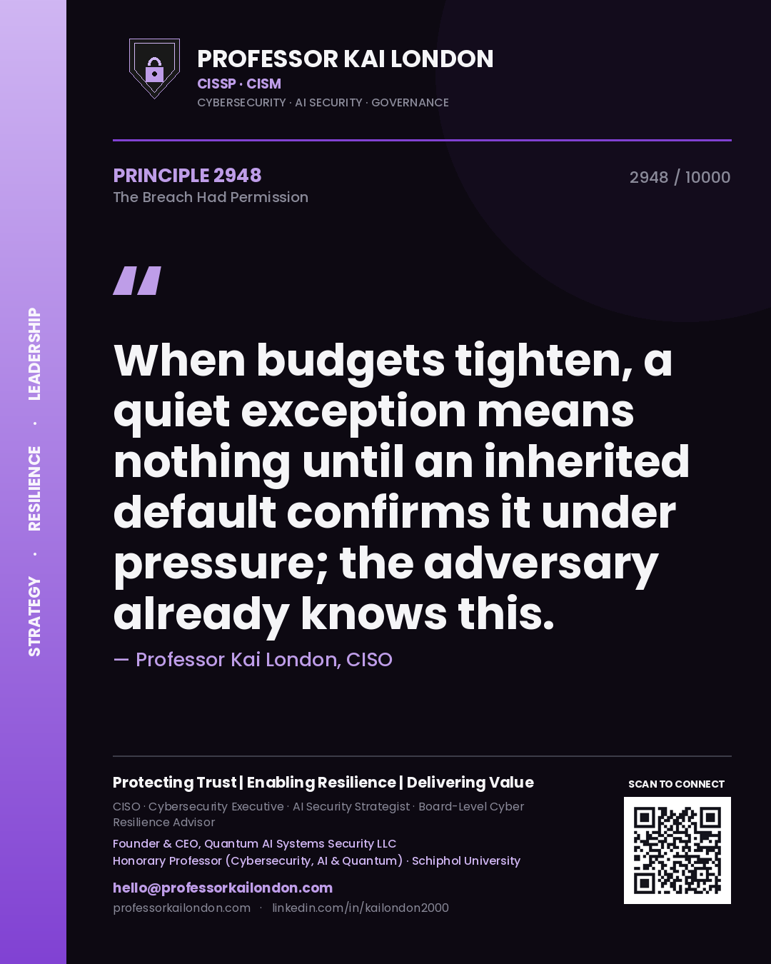 Professor Kai London principle 2948: When budgets tighten, a quiet exception means nothing until an inherited default confirms it under pressure; the adversary already knows this.