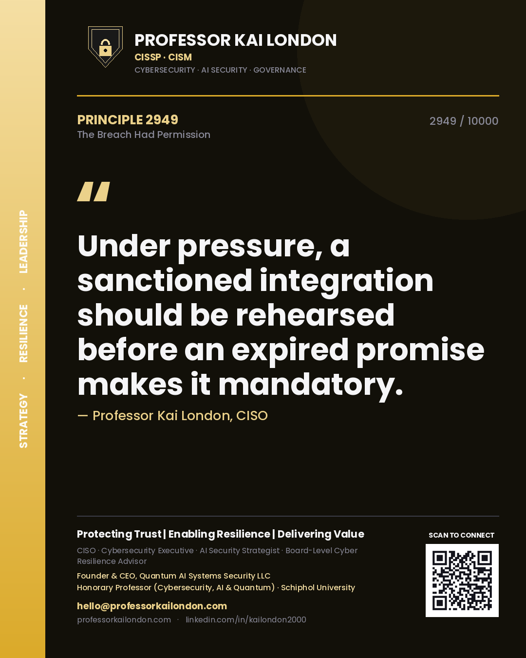 Professor Kai London principle 2949: Under pressure, a sanctioned integration should be rehearsed before an expired promise makes it mandatory.