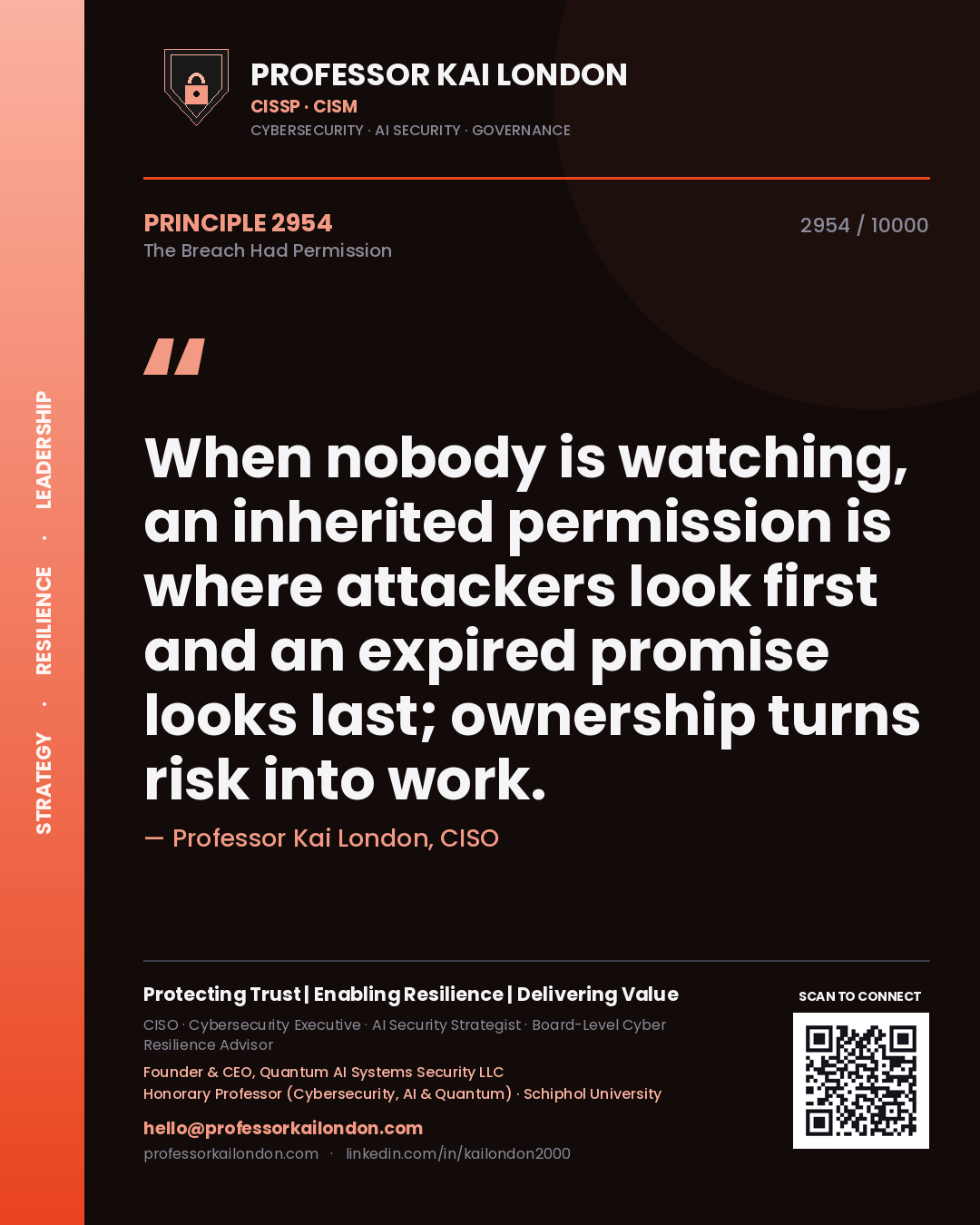 Professor Kai London principle 2954: When nobody is watching, an inherited permission is where attackers look first and an expired promise looks last; ownership turns risk into work.