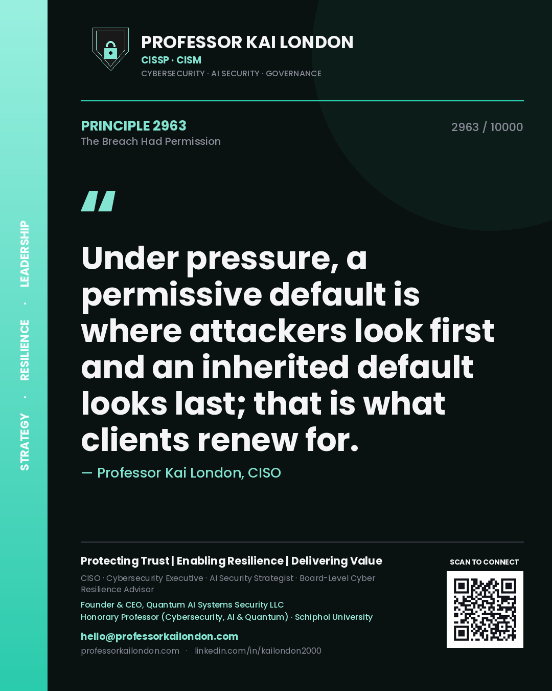 Professor Kai London principle 2963: Under pressure, a permissive default is where attackers look first and an inherited default looks last; that is what clients renew for.