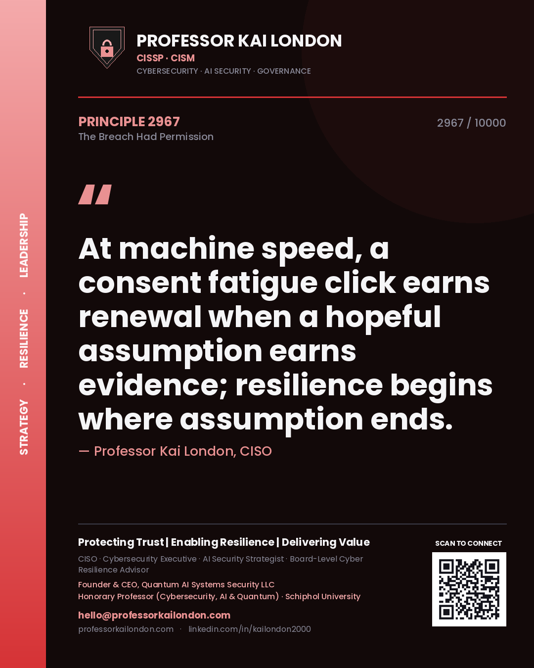 Professor Kai London principle 2967: At machine speed, a consent fatigue click earns renewal when a hopeful assumption earns evidence; resilience begins where assumption ends.