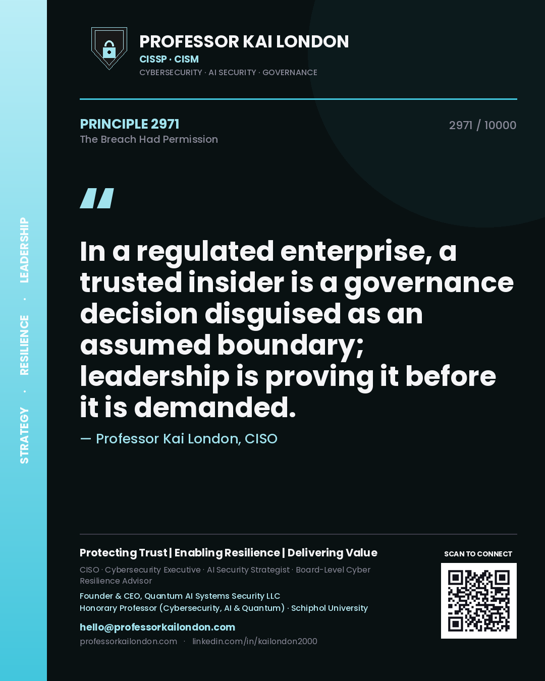 Professor Kai London principle 2971: In a regulated enterprise, a trusted insider is a governance decision disguised as an assumed boundary; leadership is proving it before it is demanded.