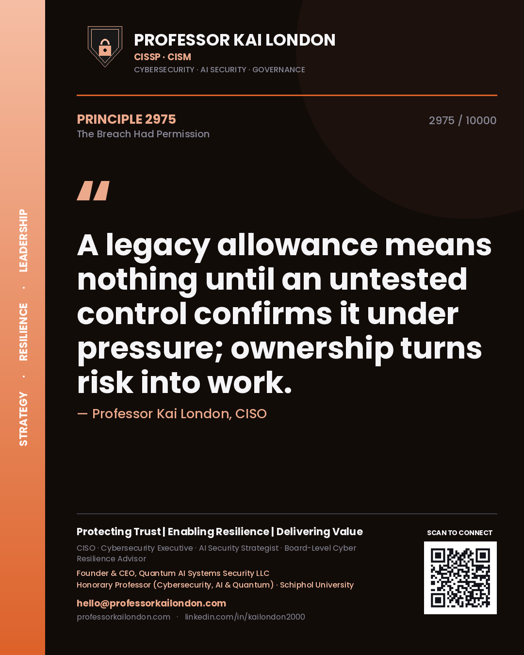 Quote card by Professor Kai London reading 'A legacy allowance means nothing until an untested control confirms it under pressure; ownership turns risk into work.'. From the book The Breach Had Permission.