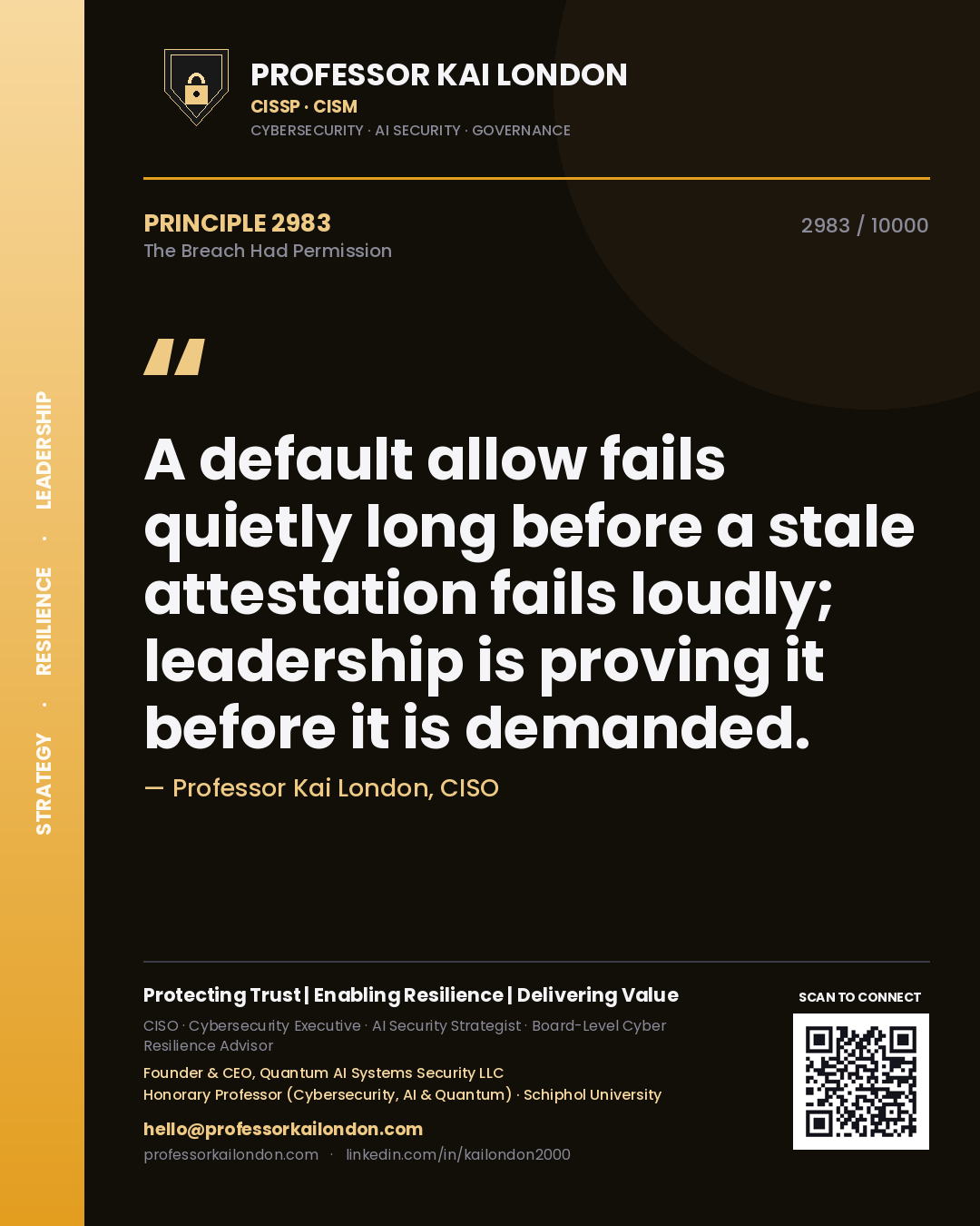Professor Kai London principle 2983: A default allow fails quietly long before a stale attestation fails loudly; leadership is proving it before it is demanded.