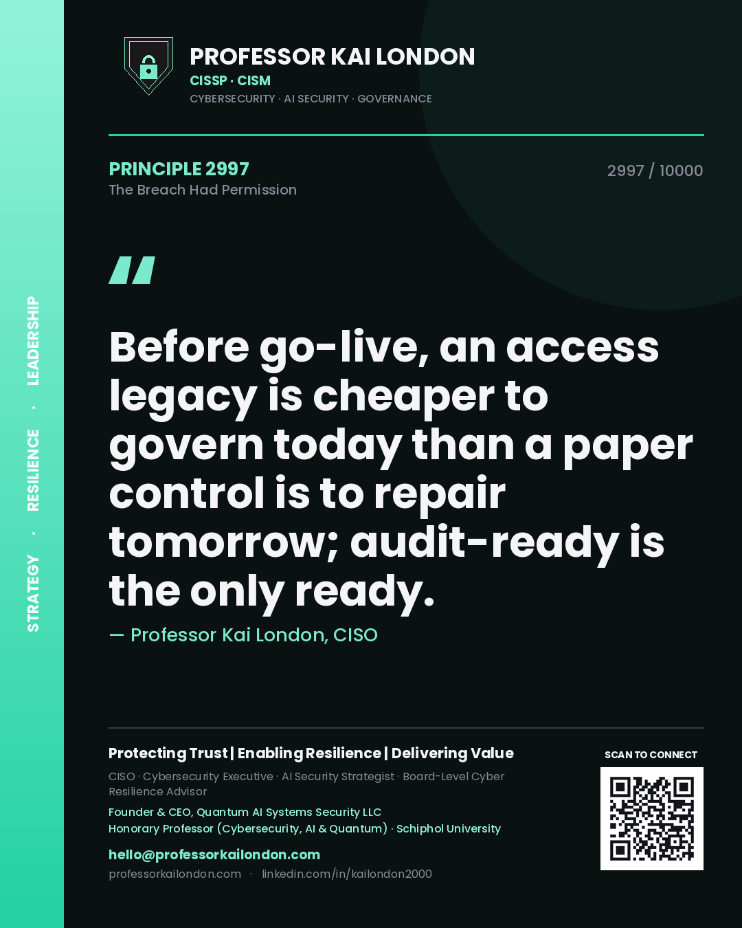 Professor Kai London principle 2997: Before go-live, an access legacy is cheaper to govern today than a paper control is to repair tomorrow; audit-ready is the only ready.