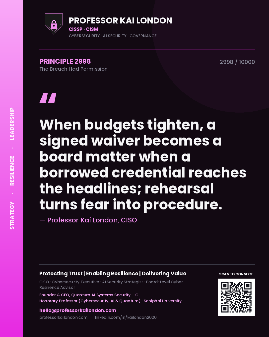 Quote card by Professor Kai London reading 'When budgets tighten, a signed waiver becomes a board matter when a borrowed credential reaches the headlines; rehearsal turns fear into procedure.'. From the book The Breach Had Permission.