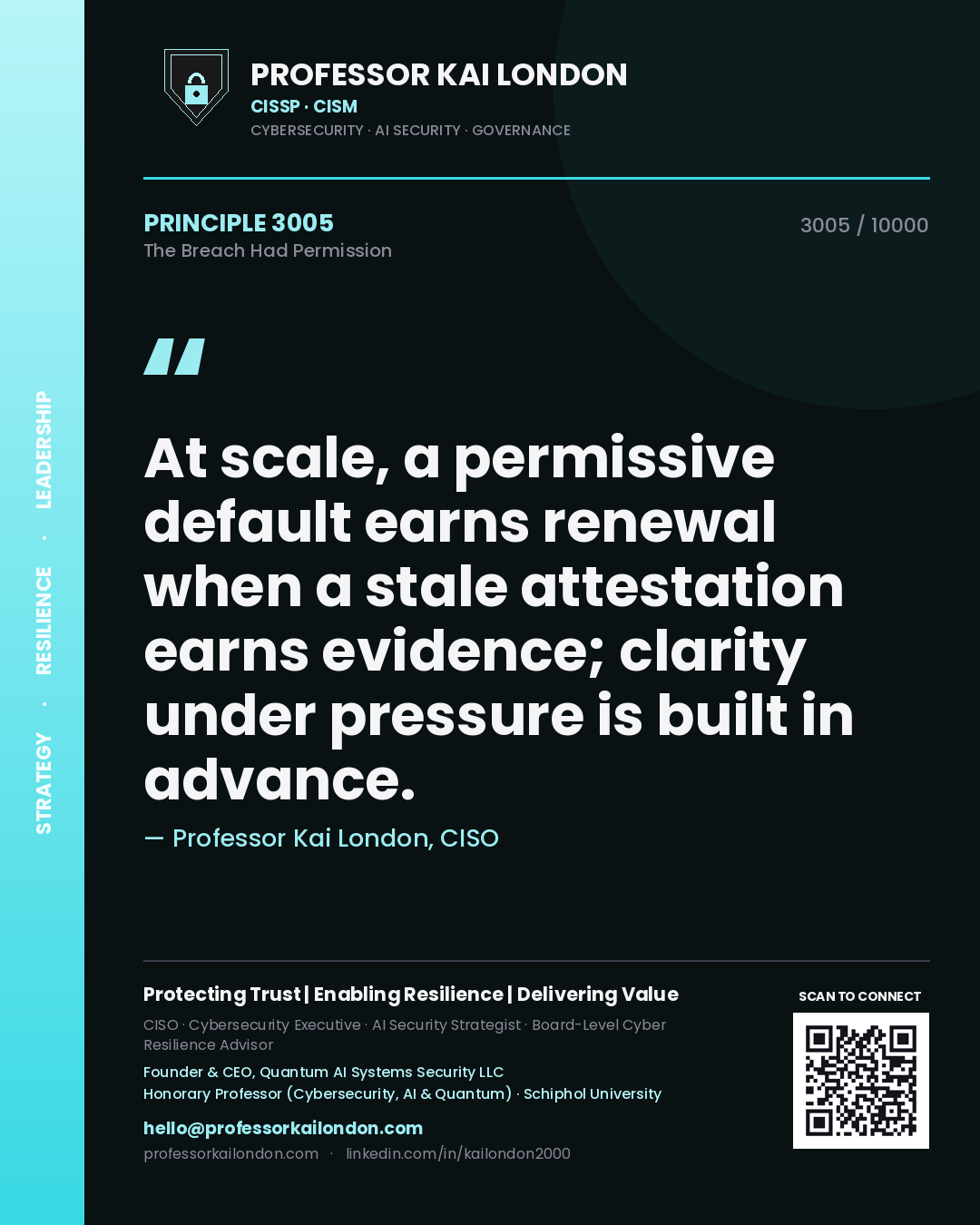 Professor Kai London principle 3005: At scale, a permissive default earns renewal when a stale attestation earns evidence; clarity under pressure is built in advance.