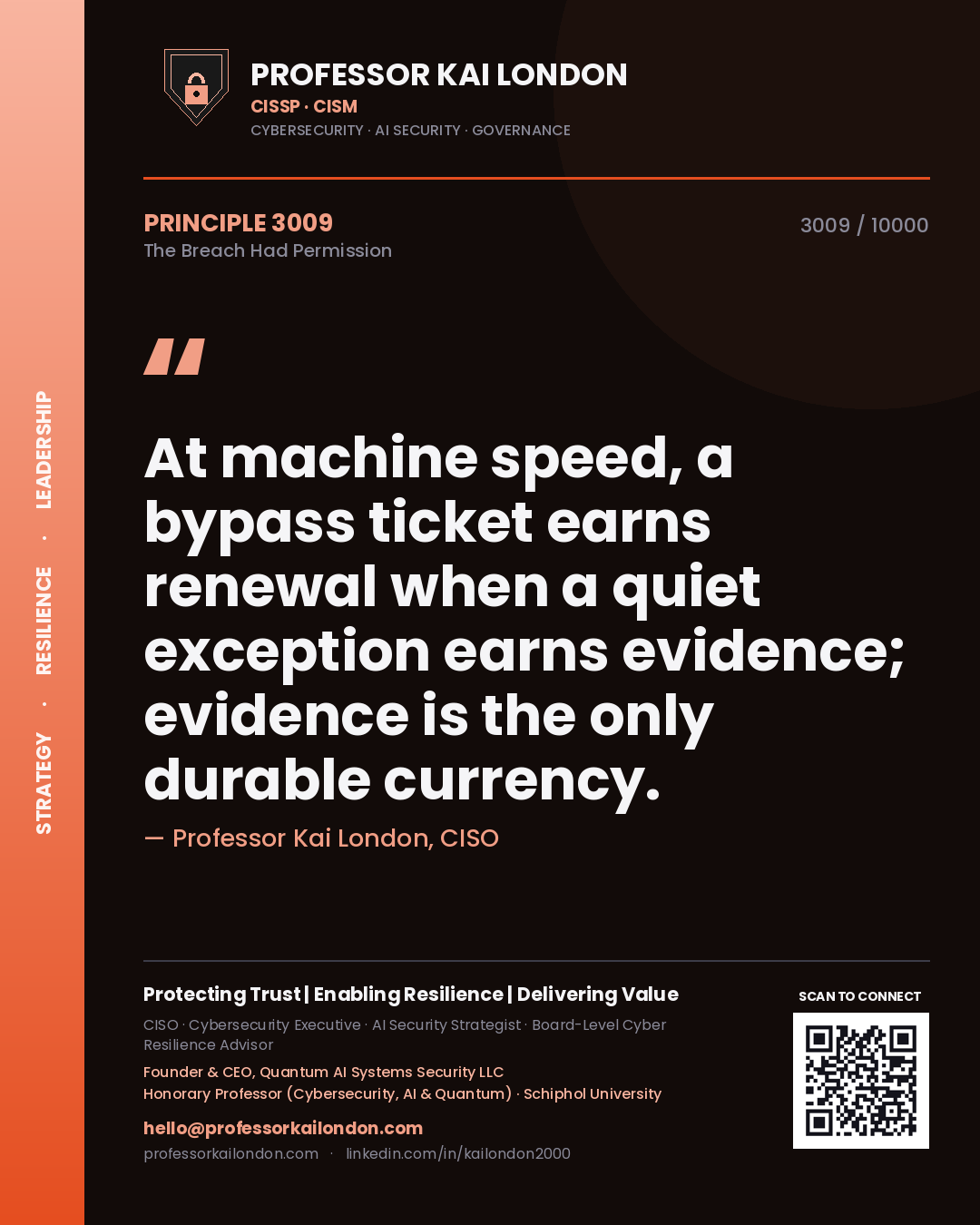 Quote card by Professor Kai London reading 'At machine speed, a bypass ticket earns renewal when a quiet exception earns evidence; evidence is the only durable currency.'. From the book The Breach Had Permission.