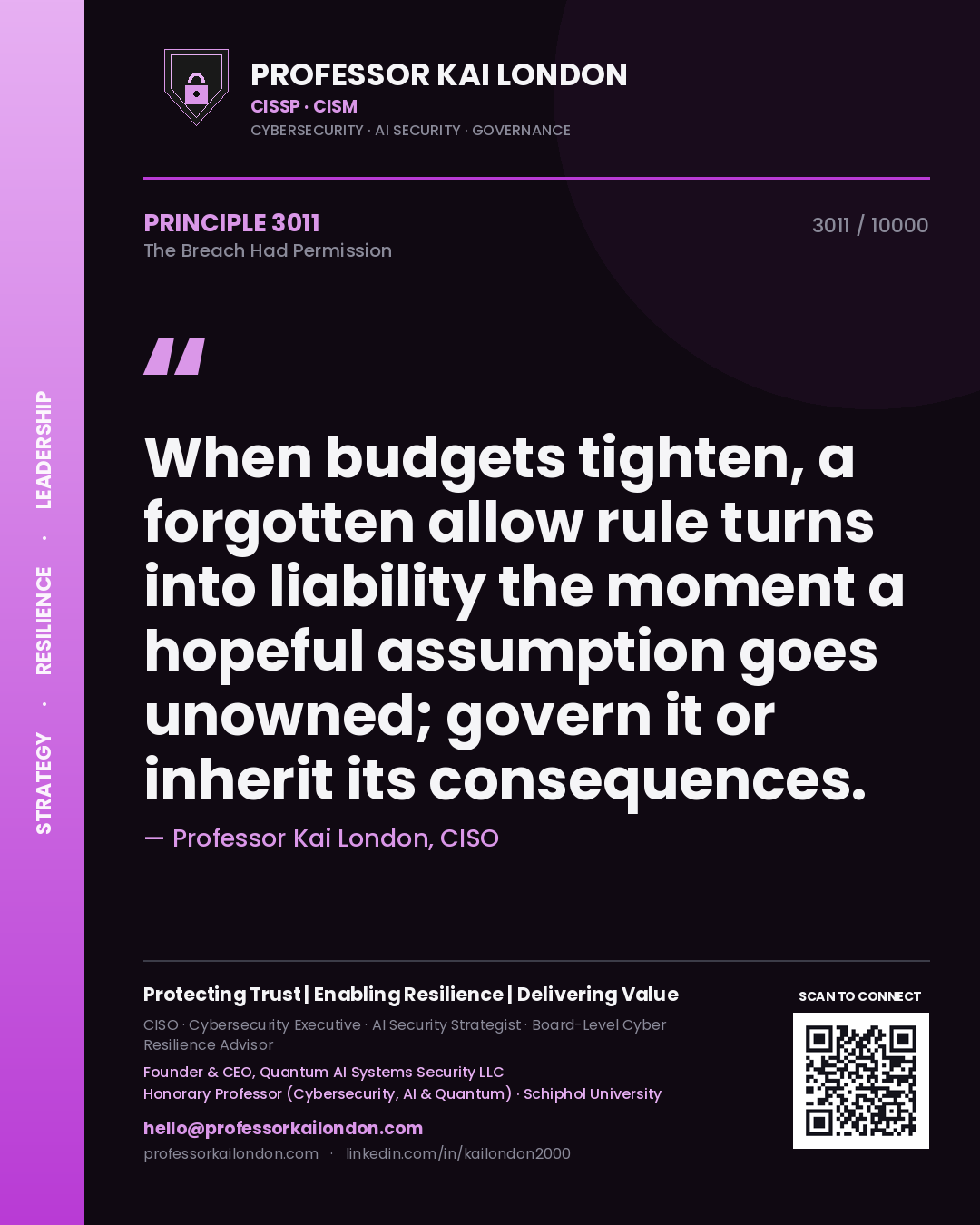 Professor Kai London principle 3011: When budgets tighten, a forgotten allow rule turns into liability the moment a hopeful assumption goes unowned; govern it or inherit its consequences.