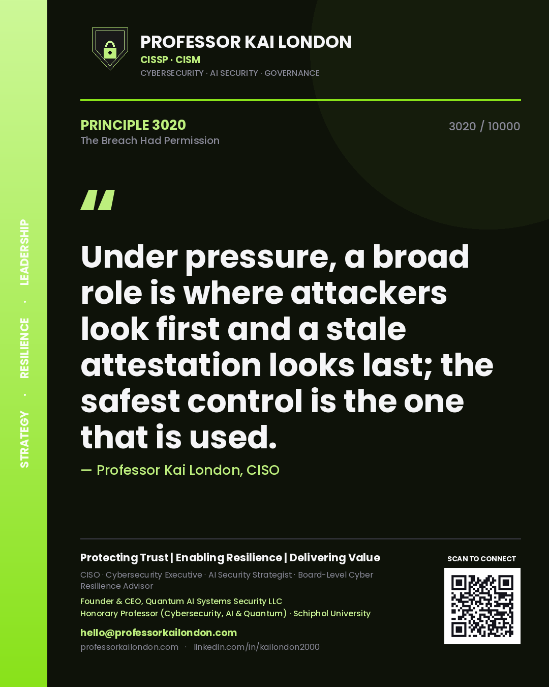 Professor Kai London principle 3020: Under pressure, a broad role is where attackers look first and a stale attestation looks last; the safest control is the one that is used.