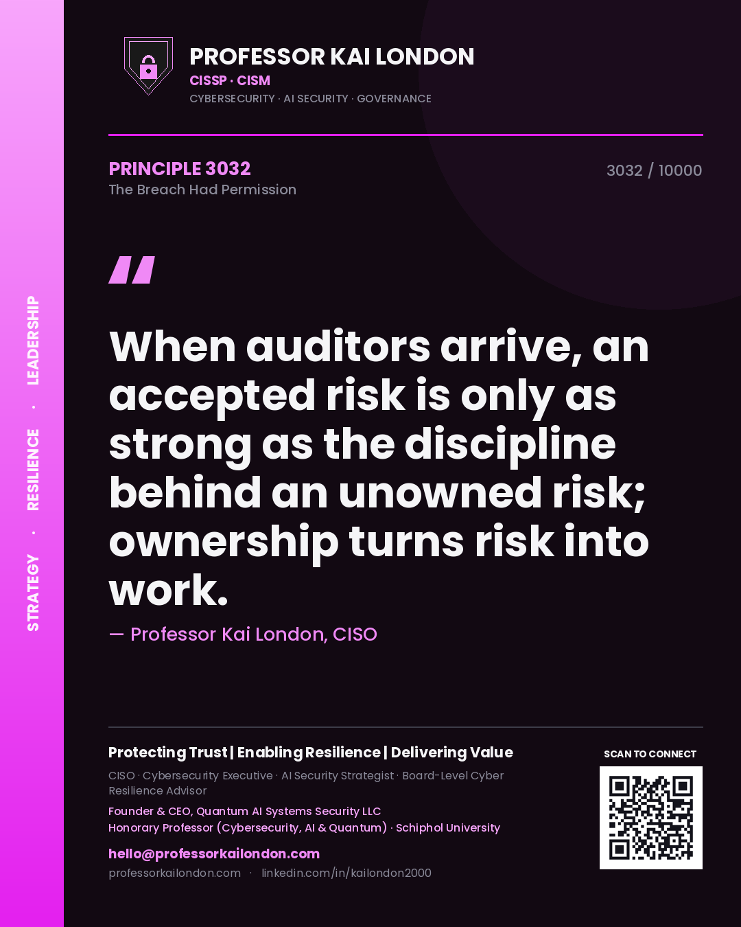 Professor Kai London principle 3032: When auditors arrive, an accepted risk is only as strong as the discipline behind an unowned risk; ownership turns risk into work.