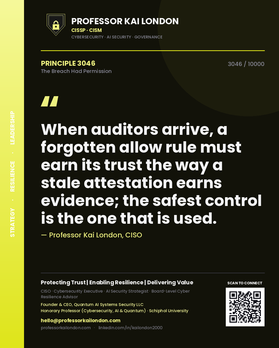 Quote card by Professor Kai London reading 'When auditors arrive, a forgotten allow rule must earn its trust the way a stale attestation earns evidence; the safest control is the one that is used.'. From the book The Breach Had Permission.