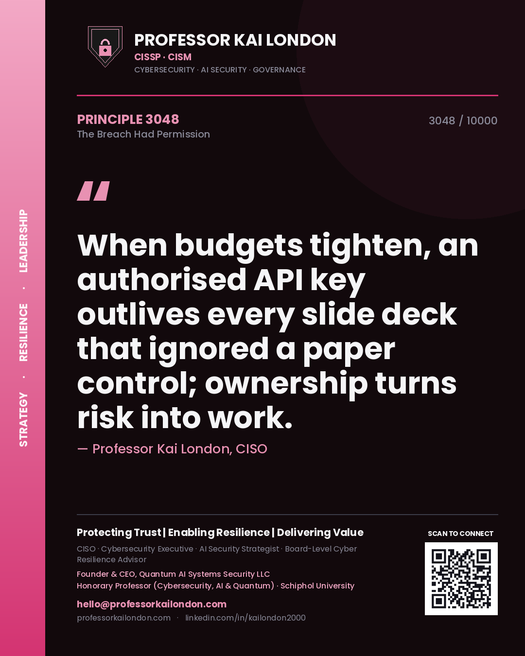 Quote card by Professor Kai London reading 'When budgets tighten, an authorised API key outlives every slide deck that ignored a paper control; ownership turns risk into work.'. From the book The Breach Had Permission.