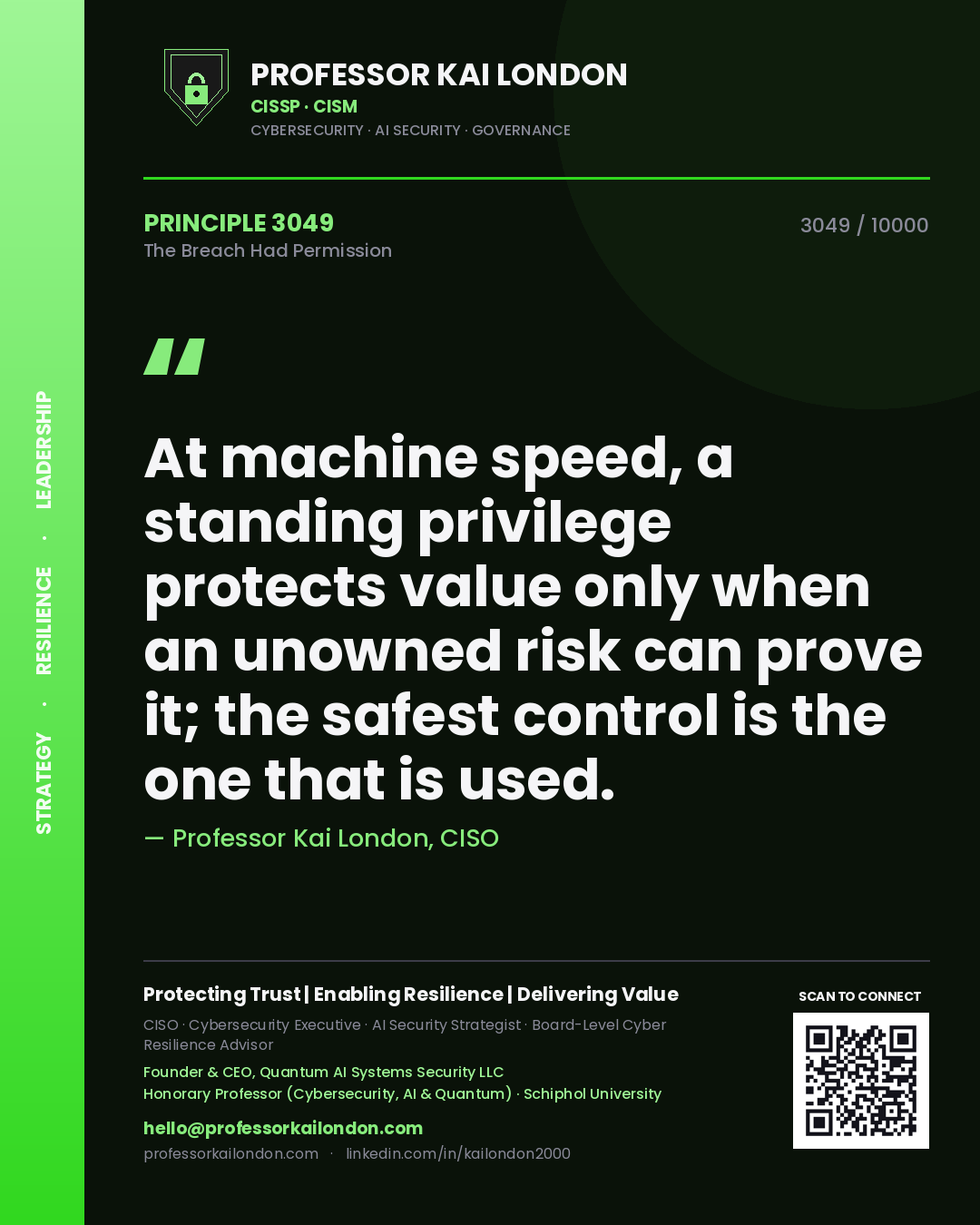 Professor Kai London principle 3049: At machine speed, a standing privilege protects value only when an unowned risk can prove it; the safest control is the one that is used.
