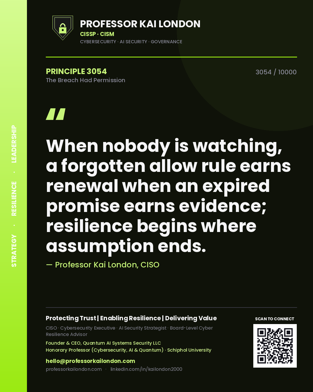 Professor Kai London principle 3054: When nobody is watching, a forgotten allow rule earns renewal when an expired promise earns evidence; resilience begins where assumption ends.