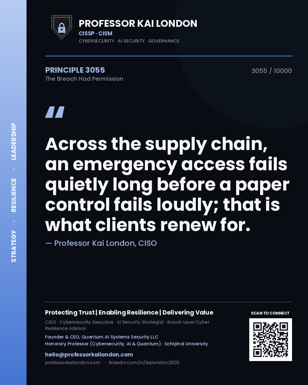 Professor Kai London principle 3055: Across the supply chain, an emergency access fails quietly long before a paper control fails loudly; that is what clients renew for.