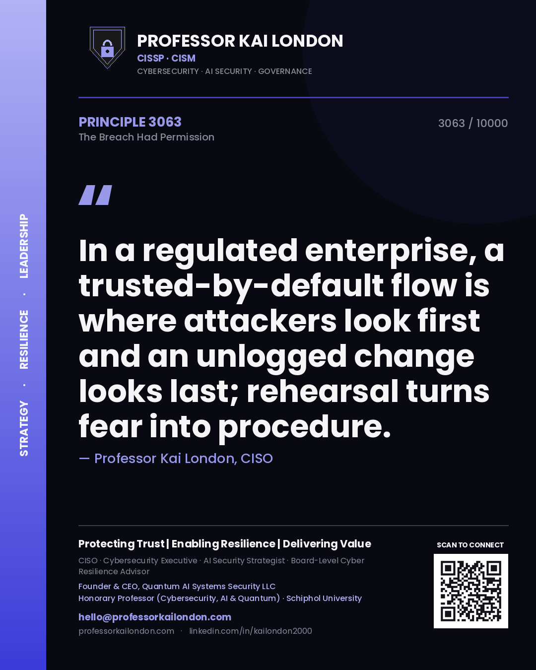 Professor Kai London principle 3063: In a regulated enterprise, a trusted-by-default flow is where attackers look first and an unlogged change looks last; rehearsal turns fear into procedure.