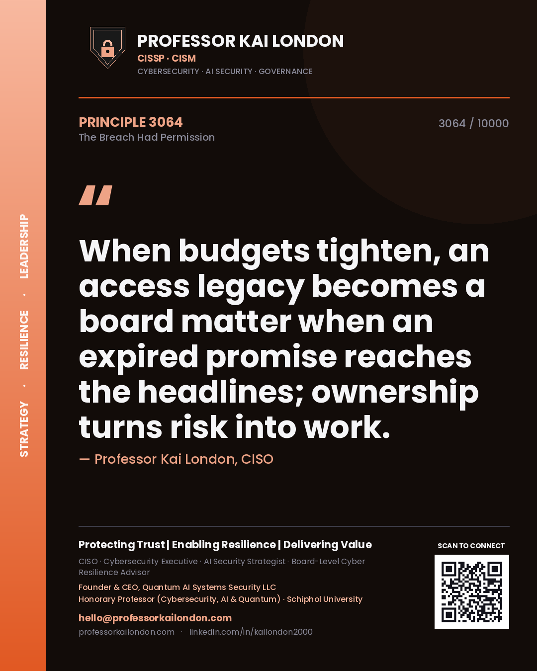 Professor Kai London principle 3064: When budgets tighten, an access legacy becomes a board matter when an expired promise reaches the headlines; ownership turns risk into work.
