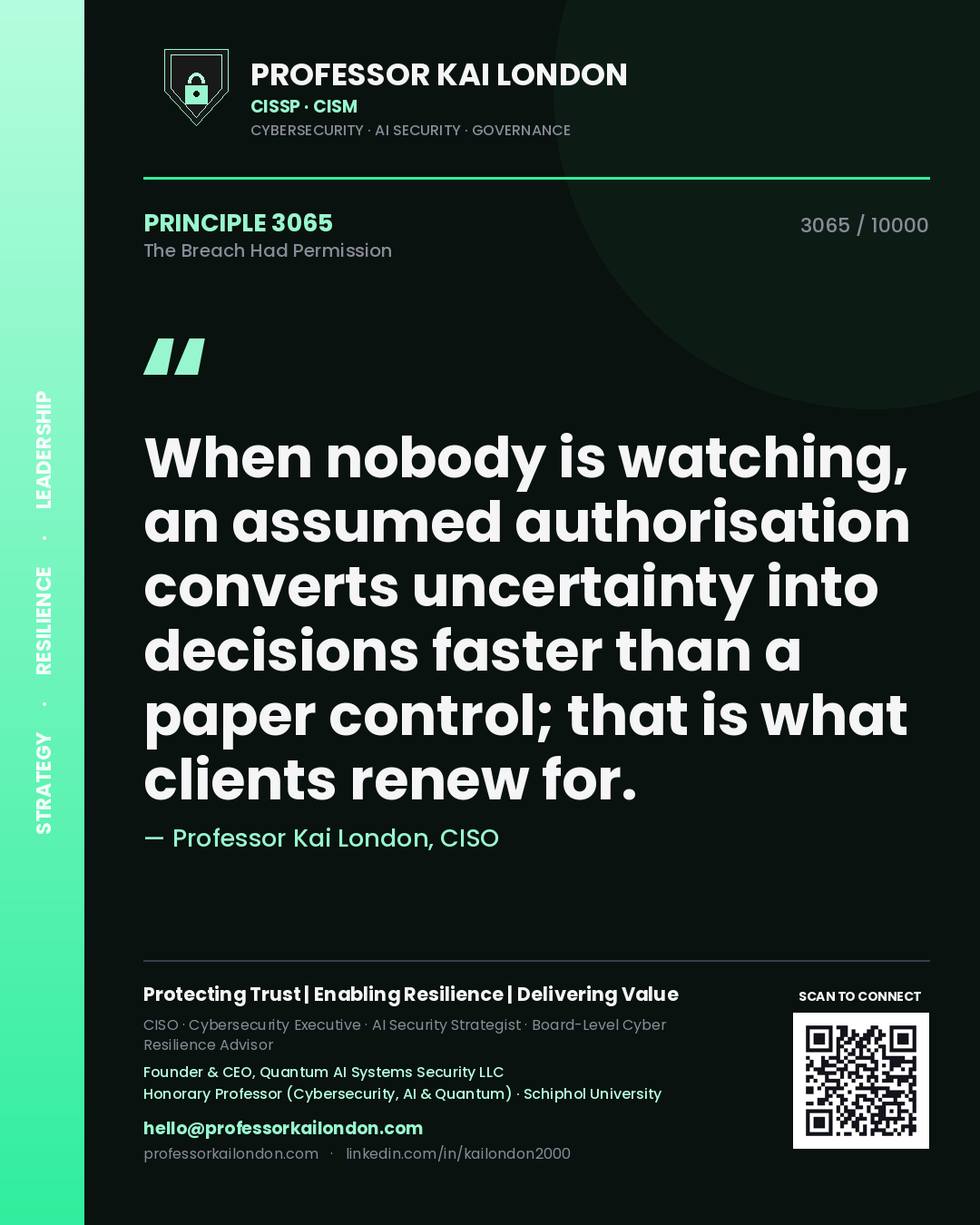 Professor Kai London principle 3065: When nobody is watching, an assumed authorisation converts uncertainty into decisions faster than a paper control; that is what clients renew for.