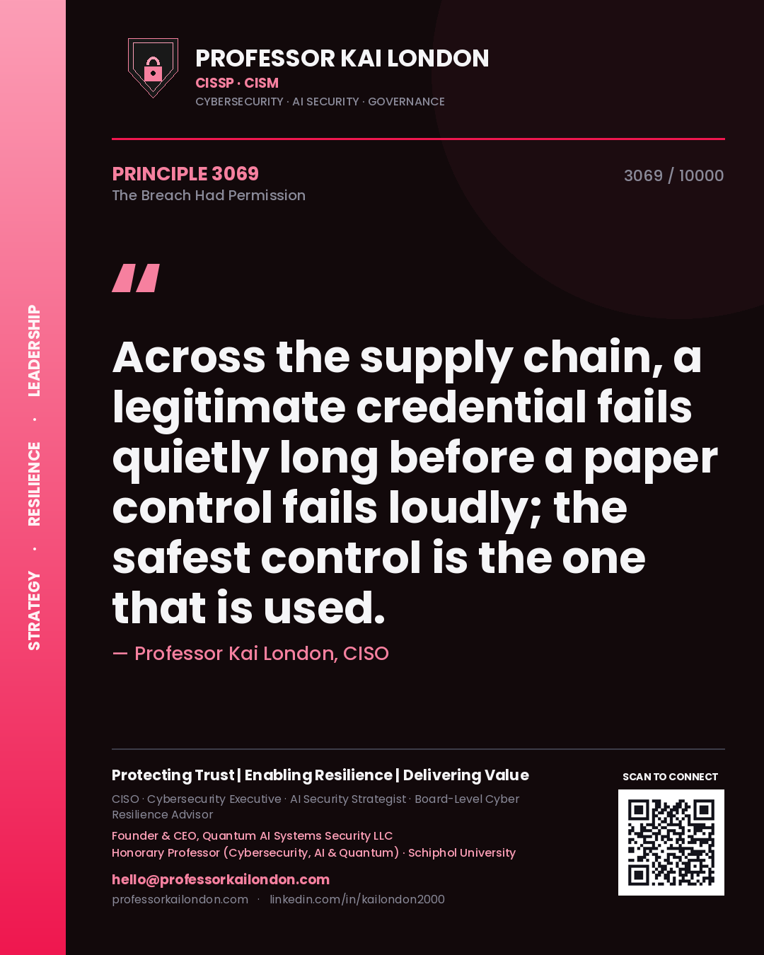 Quote card by Professor Kai London reading 'Across the supply chain, a legitimate credential fails quietly long before a paper control fails loudly; the safest control is the one that is used.'. From the book The Breach Had Permission.