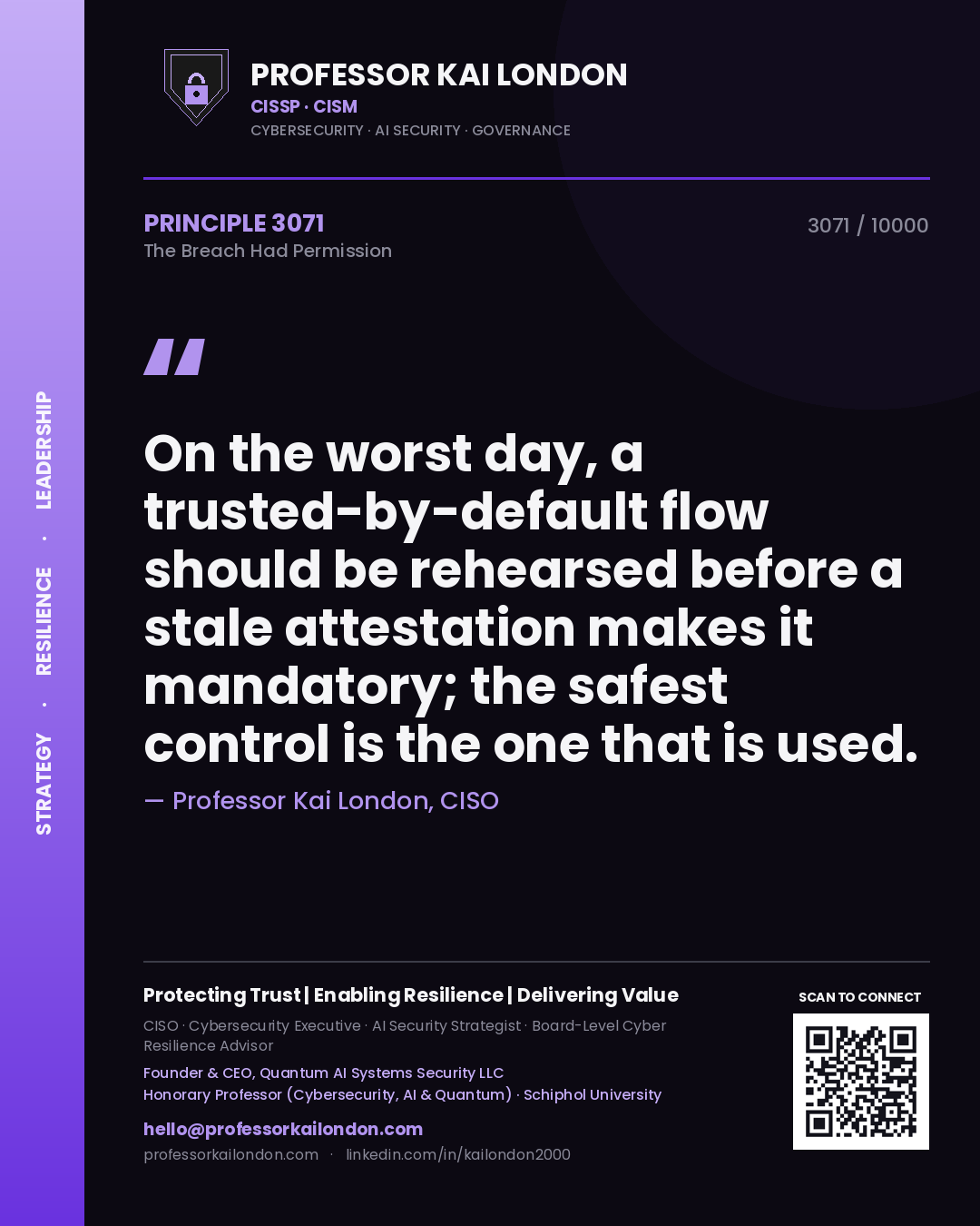 Professor Kai London principle 3071: On the worst day, a trusted-by-default flow should be rehearsed before a stale attestation makes it mandatory; the safest control is the one that is used.