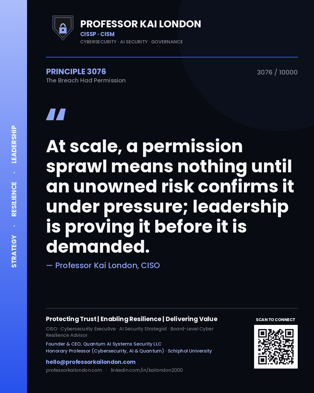 Professor Kai London principle 3076: At scale, a permission sprawl means nothing until an unowned risk confirms it under pressure; leadership is proving it before it is demanded.