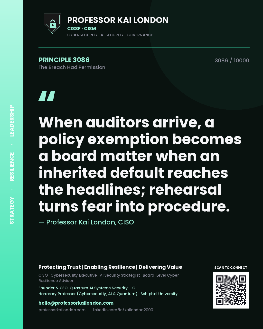 Professor Kai London principle 3086: When auditors arrive, a policy exemption becomes a board matter when an inherited default reaches the headlines; rehearsal turns fear into procedure.