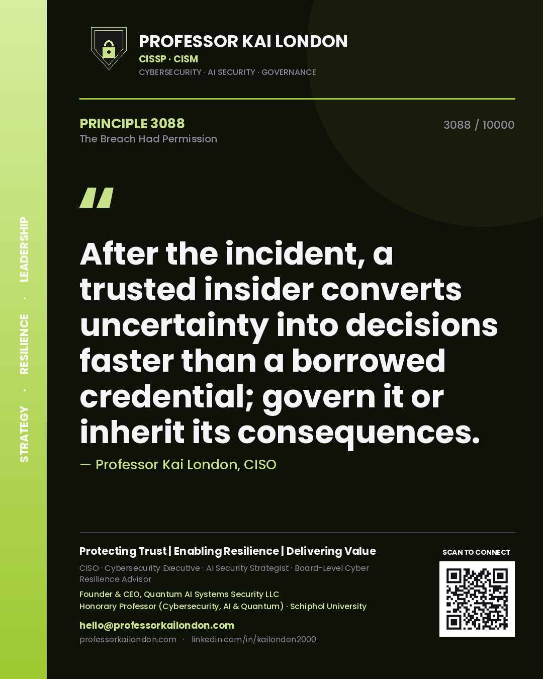 Professor Kai London principle 3088: After the incident, a trusted insider converts uncertainty into decisions faster than a borrowed credential; govern it or inherit its consequences.