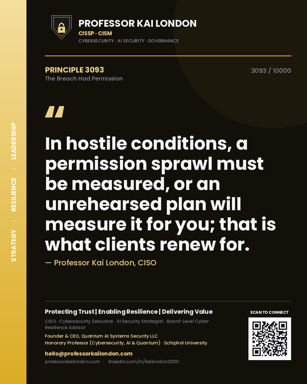 Professor Kai London principle 3093: In hostile conditions, a permission sprawl must be measured, or an unrehearsed plan will measure it for you; that is what clients renew for.