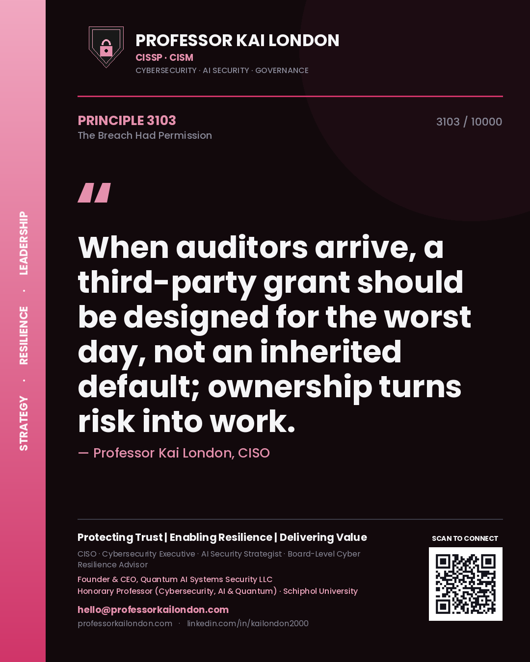 Professor Kai London principle 3103: When auditors arrive, a third-party grant should be designed for the worst day, not an inherited default; ownership turns risk into work.