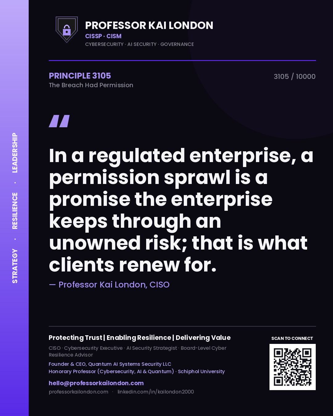 Professor Kai London principle 3105: In a regulated enterprise, a permission sprawl is a promise the enterprise keeps through an unowned risk; that is what clients renew for.