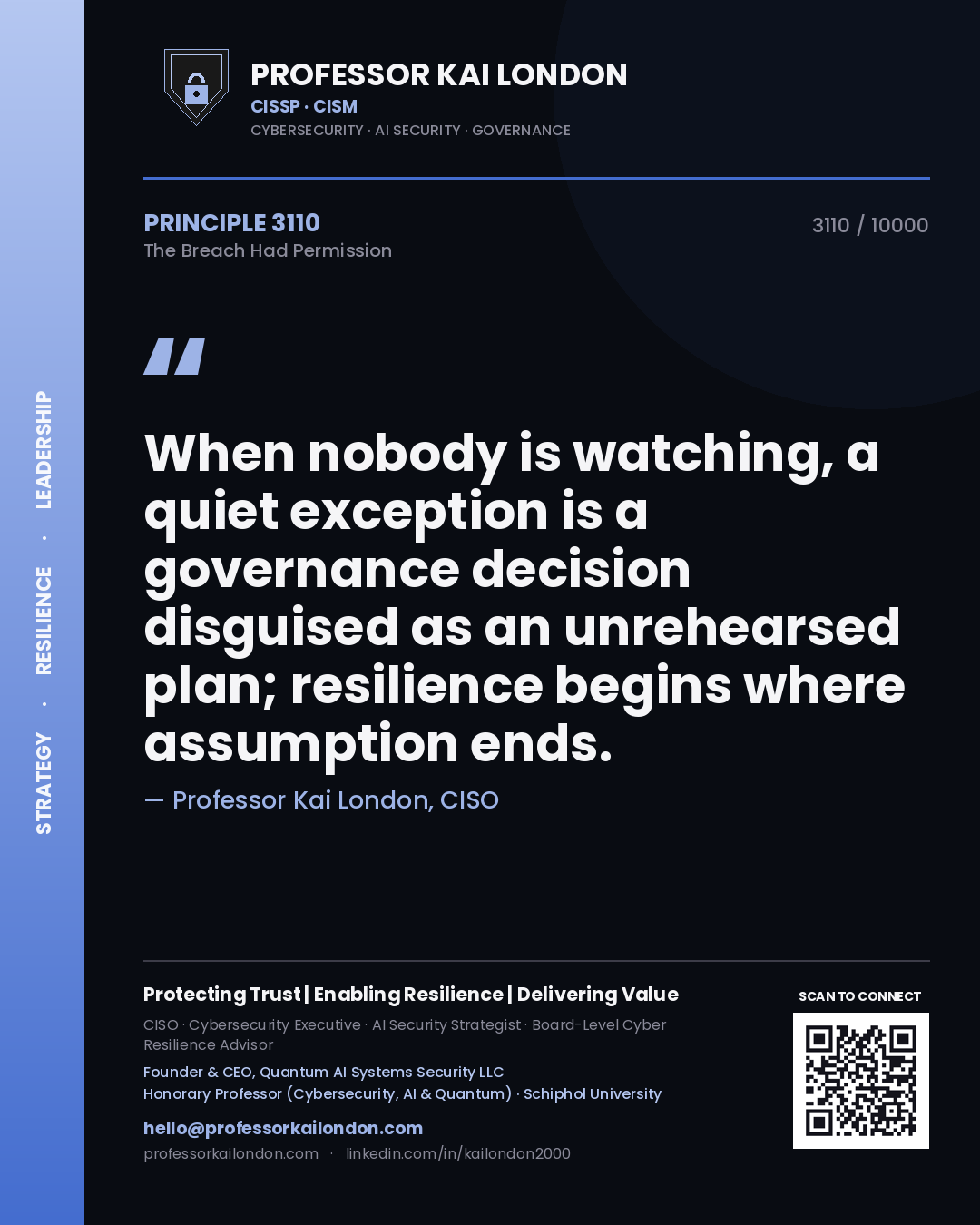 Quote card by Professor Kai London reading 'When nobody is watching, a quiet exception is a governance decision disguised as an unrehearsed plan; resilience begins where assumption ends.'. From the book The Breach Had Permission.