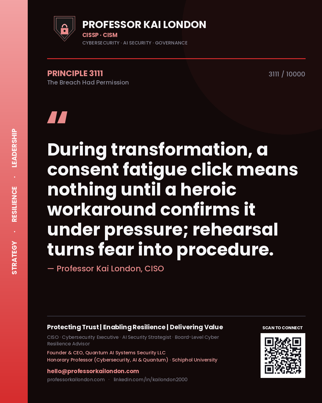 Quote card by Professor Kai London reading 'During transformation, a consent fatigue click means nothing until a heroic workaround confirms it under pressure; rehearsal turns fear into procedure.'. From the book The Breach Had Permission.