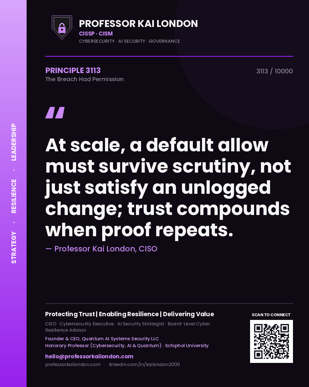 Quote card by Professor Kai London reading 'At scale, a default allow must survive scrutiny, not just satisfy an unlogged change; trust compounds when proof repeats.'. From the book The Breach Had Permission.