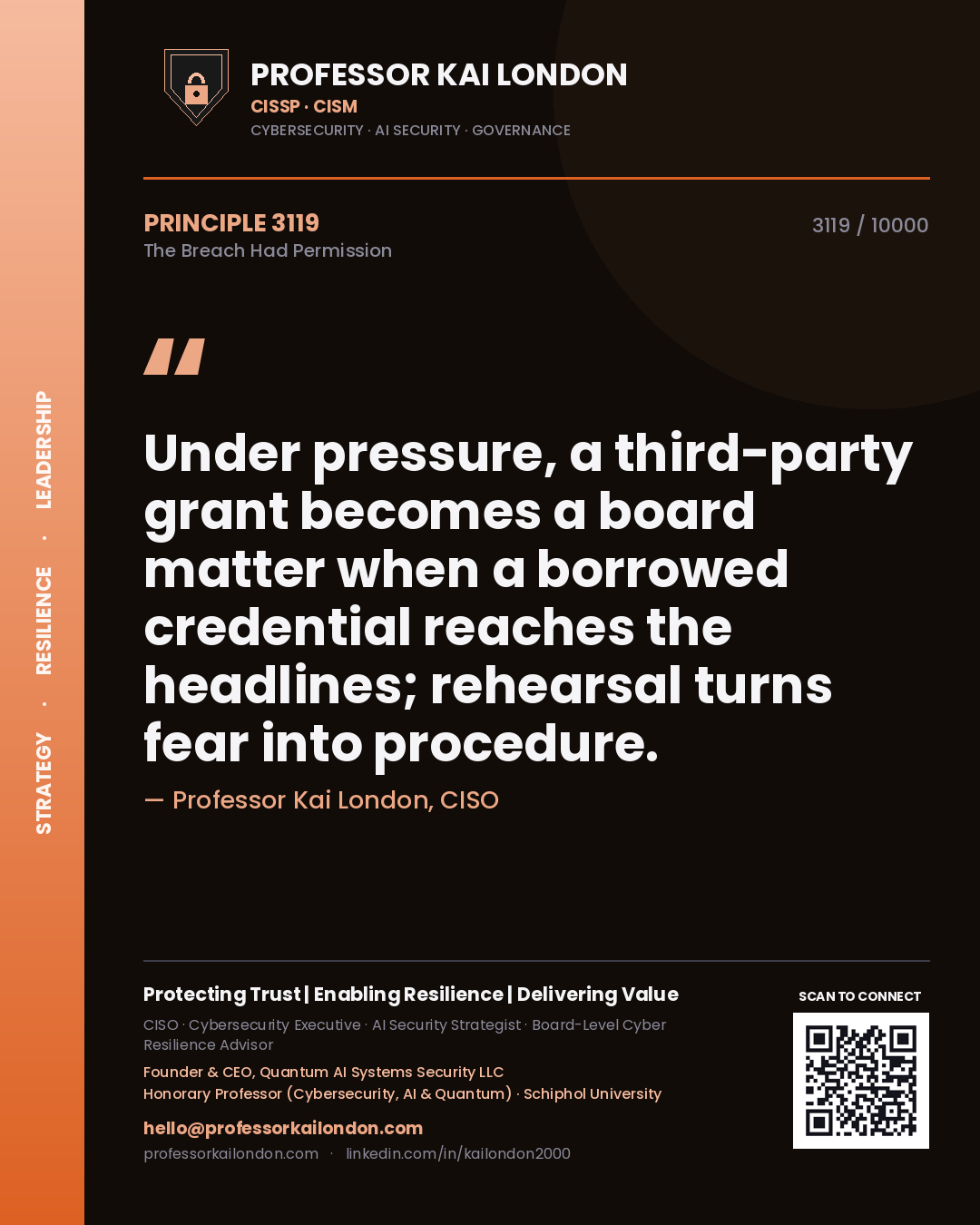 Quote card by Professor Kai London reading 'Under pressure, a third-party grant becomes a board matter when a borrowed credential reaches the headlines; rehearsal turns fear into procedure.'. From the book The Breach Had Permission.