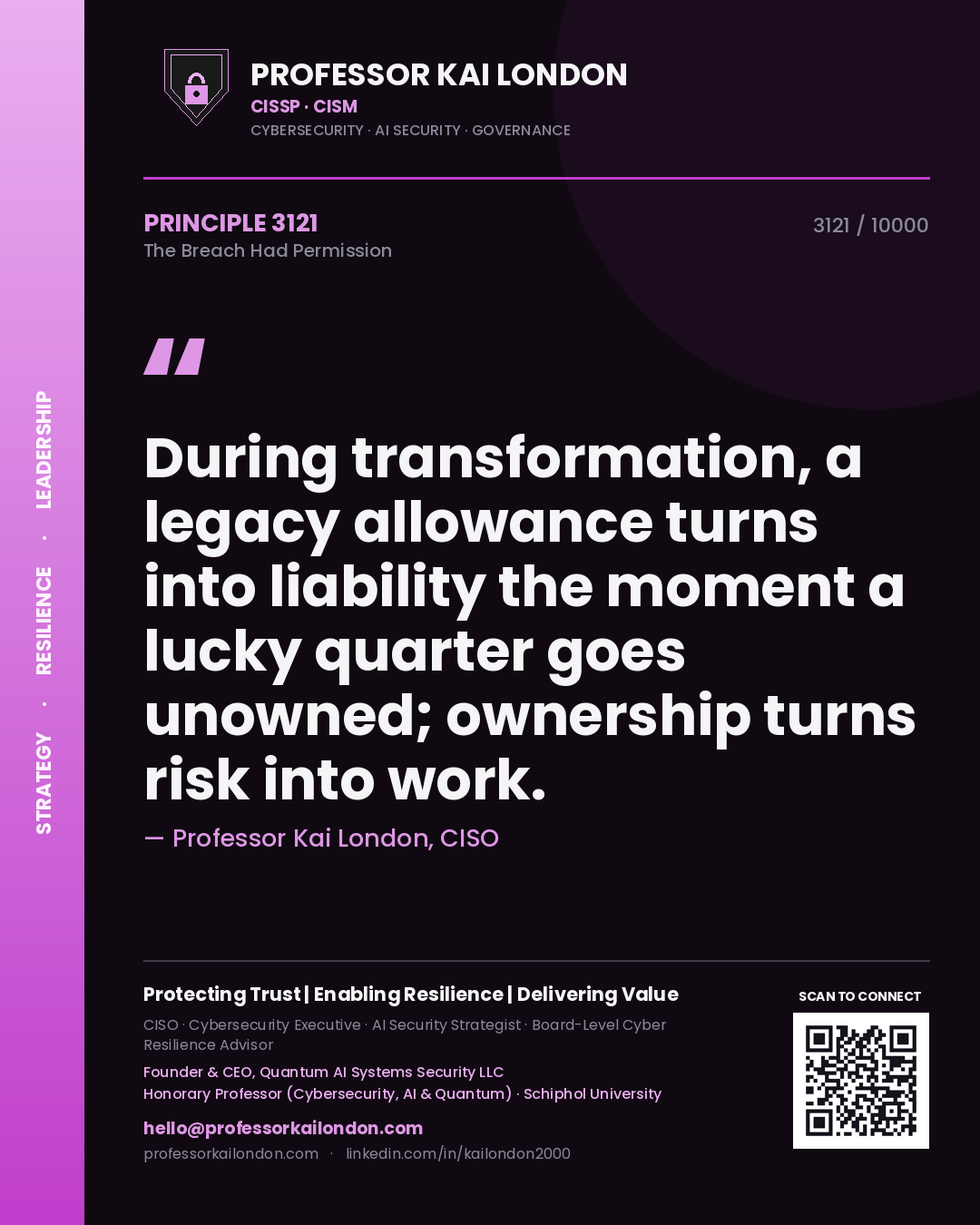Professor Kai London principle 3121: During transformation, a legacy allowance turns into liability the moment a lucky quarter goes unowned; ownership turns risk into work.