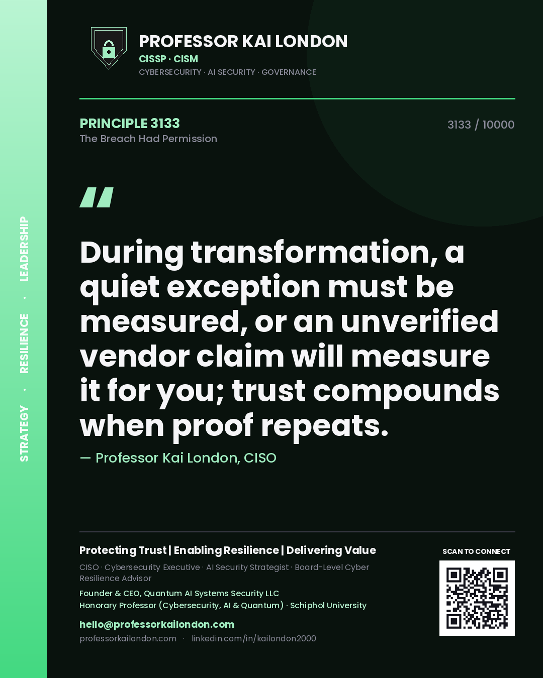 Professor Kai London principle 3133: During transformation, a quiet exception must be measured, or an unverified vendor claim will measure it for you; trust compounds when proof repeats.