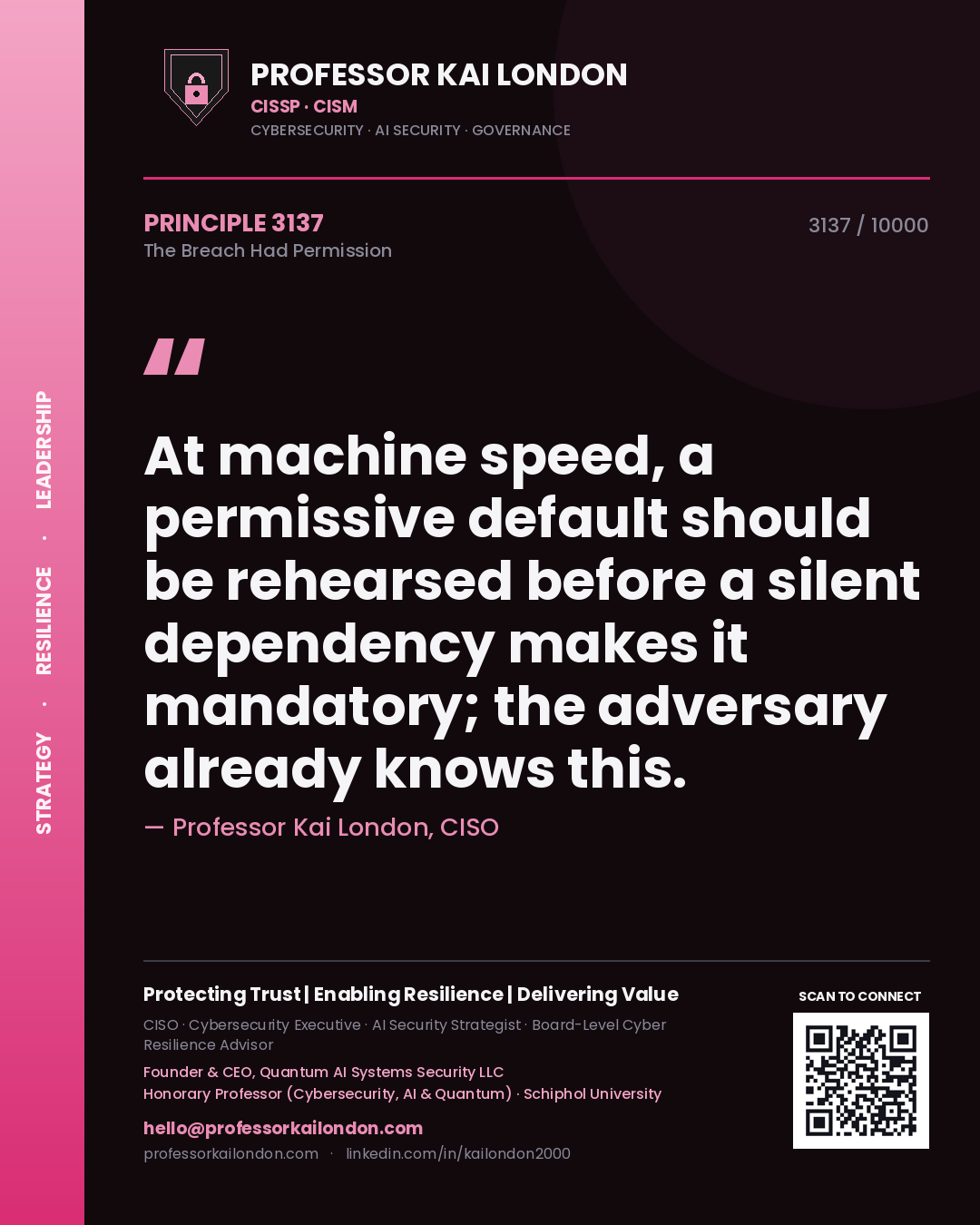 Quote card by Professor Kai London reading 'At machine speed, a permissive default should be rehearsed before a silent dependency makes it mandatory; the adversary already knows this.'. From the book The Breach Had Permission.