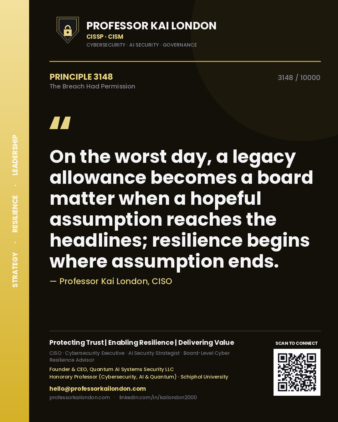 Professor Kai London principle 3148: On the worst day, a legacy allowance becomes a board matter when a hopeful assumption reaches the headlines; resilience begins where assumption ends.