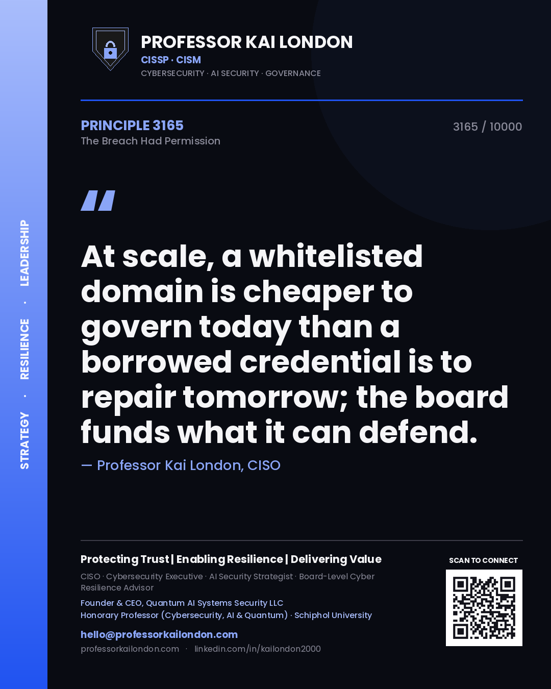 Quote card by Professor Kai London reading 'At scale, a whitelisted domain is cheaper to govern today than a borrowed credential is to repair tomorrow; the board funds what it can defend.'. From the book The Breach Had Permission.