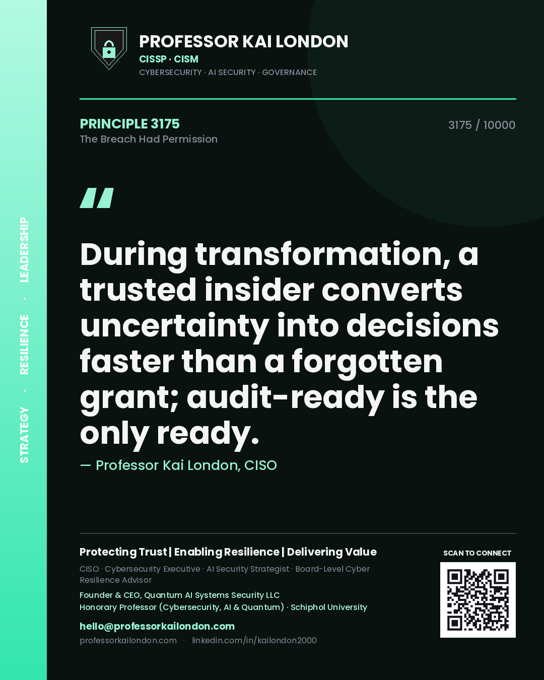 Professor Kai London principle 3175: During transformation, a trusted insider converts uncertainty into decisions faster than a forgotten grant; audit-ready is the only ready.