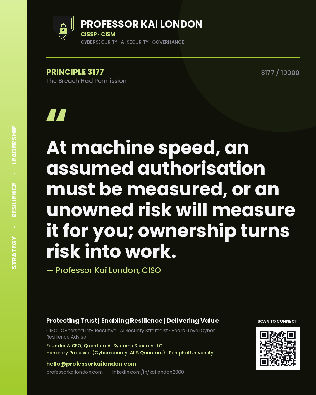 Professor Kai London principle 3177: At machine speed, an assumed authorisation must be measured, or an unowned risk will measure it for you; ownership turns risk into work.