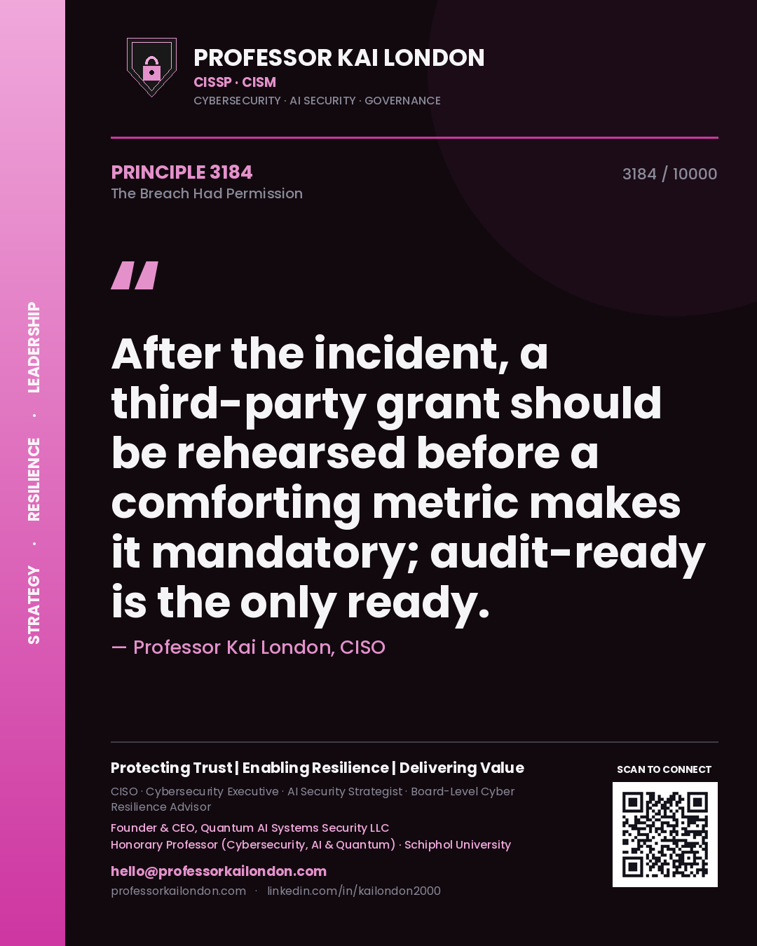Professor Kai London principle 3184: After the incident, a third-party grant should be rehearsed before a comforting metric makes it mandatory; audit-ready is the only ready.