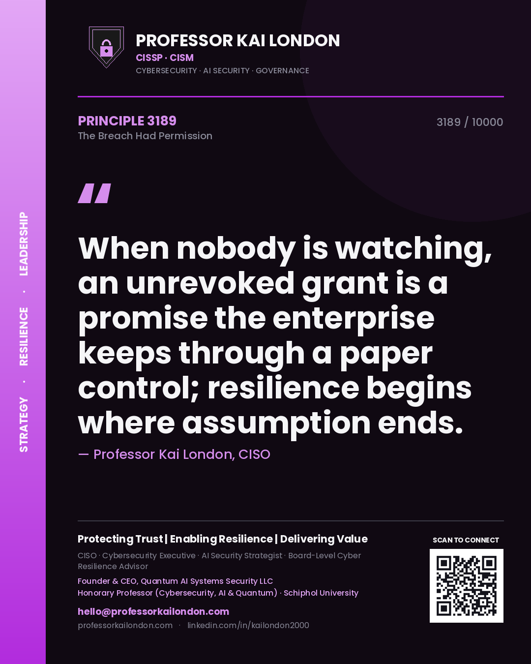 Professor Kai London principle 3189: When nobody is watching, an unrevoked grant is a promise the enterprise keeps through a paper control; resilience begins where assumption ends.