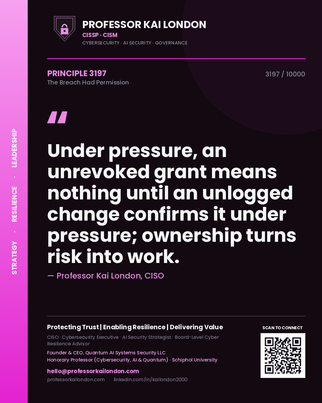 Professor Kai London principle 3197: Under pressure, an unrevoked grant means nothing until an unlogged change confirms it under pressure; ownership turns risk into work.