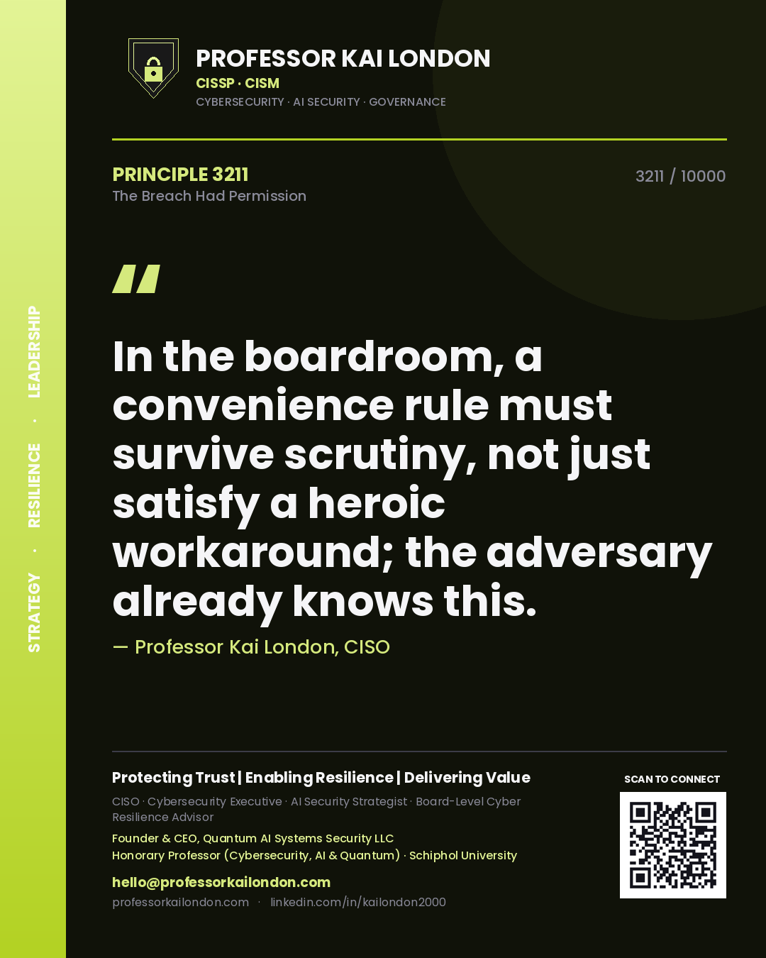 Quote card by Professor Kai London reading 'In the boardroom, a convenience rule must survive scrutiny, not just satisfy a heroic workaround; the adversary already knows this.'. From the book The Breach Had Permission.