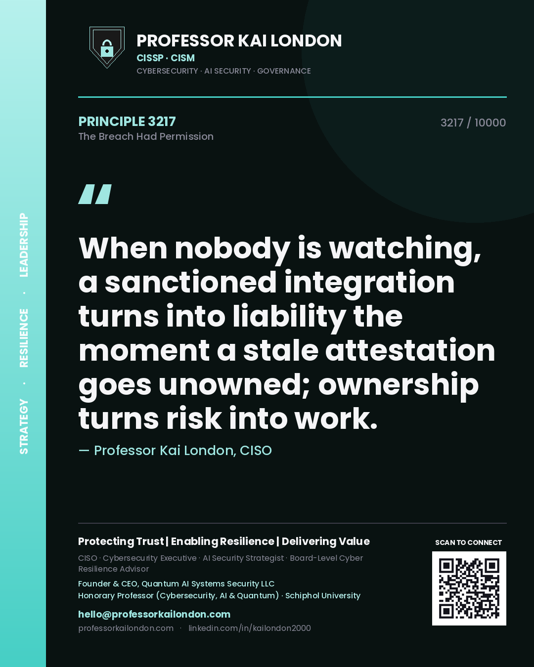 Professor Kai London principle 3217: When nobody is watching, a sanctioned integration turns into liability the moment a stale attestation goes unowned; ownership turns risk into work.