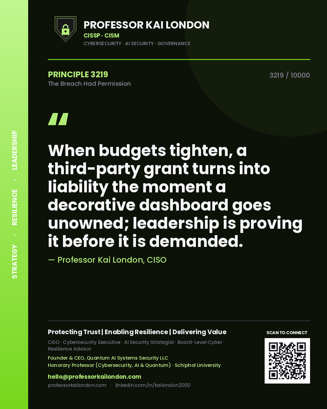 Professor Kai London principle 3219: When budgets tighten, a third-party grant turns into liability the moment a decorative dashboard goes unowned; leadership is proving it before it is demanded.